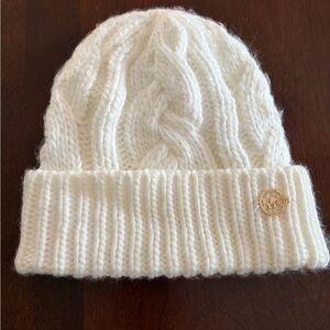 MICHAEL Michael Kors Cream Cable Knit Beanie with Gold Emblem